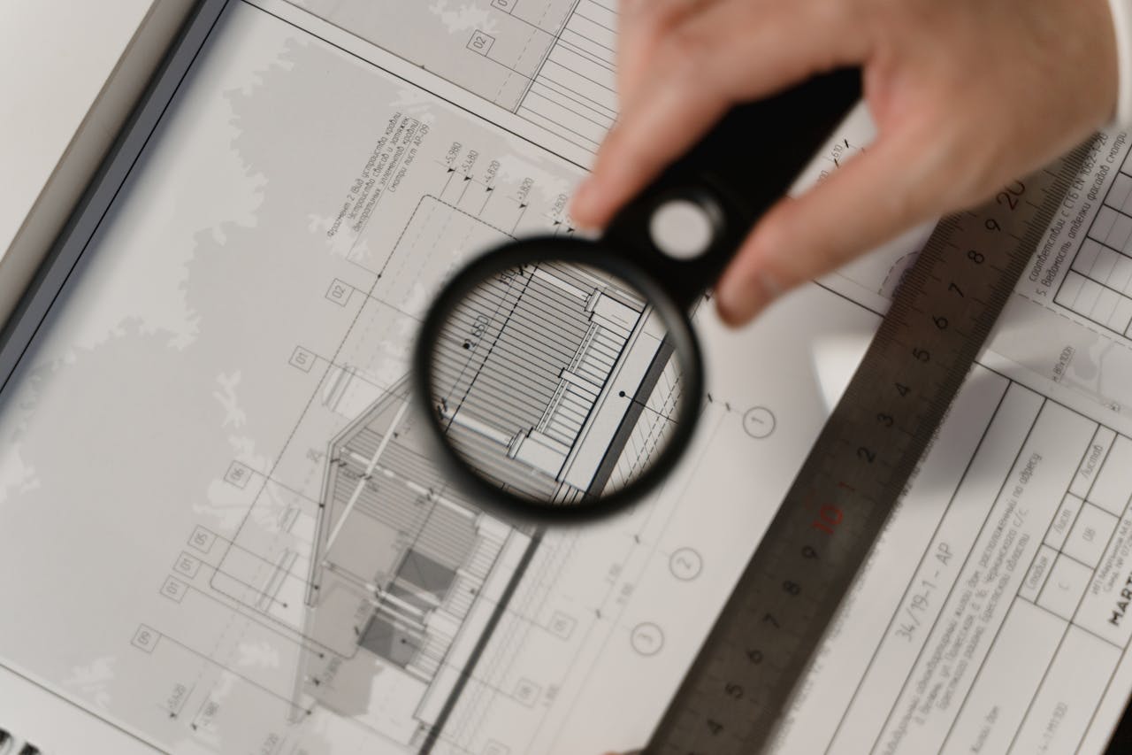 about-us Focused view of architectural plans with magnifying glass, ruler, hands.