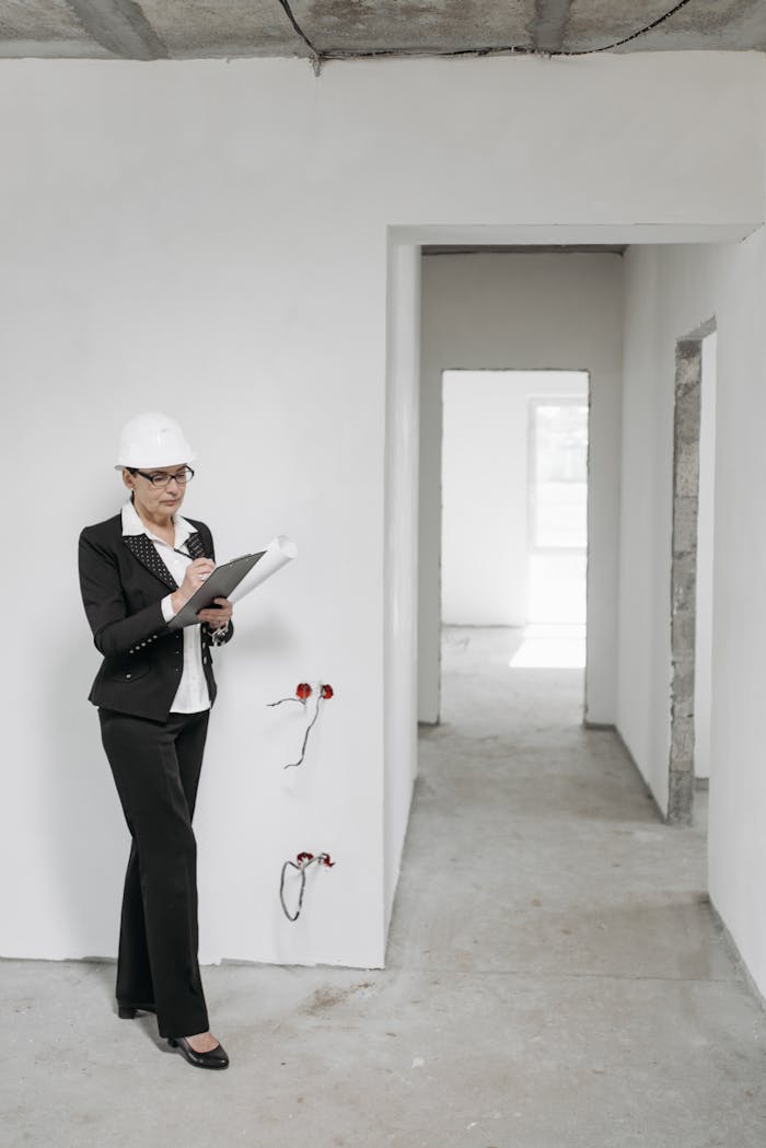 services-01 Female architect in hard hat inspecting an unfinished building interior with formal attire and clipboard.